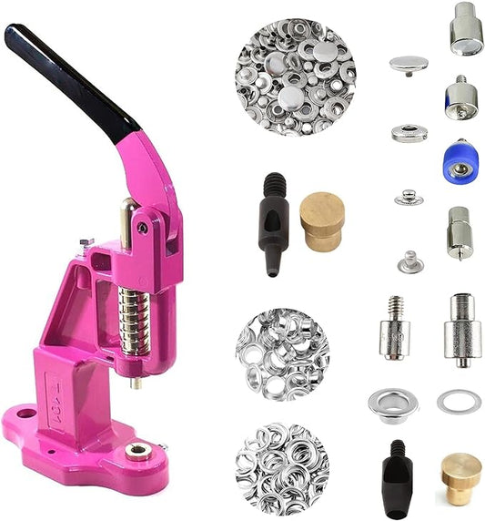 Hobby Trendy Hand Press with Rust Free Steel 50 Sets Ln24 15mm Fashion Spring Glove Snaps and 50 Sets Brass 8 mm (Nr5) Eyelets, Matching Dies and Hole Punches (Silver Supplies, Pink Press)