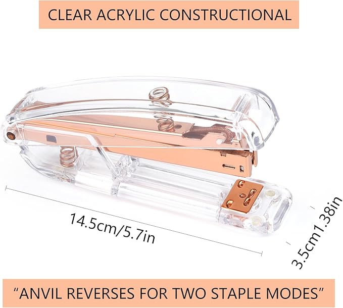 Staplers for Desk, Acrylic Stapler for Office School, Clear Durable Office Stapler (Rose Gold)