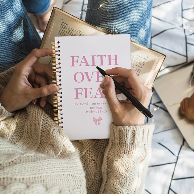 Coquette Pink Bow Notebook Journals, Prayer Journal for Woman, Christian Gifts Cute Notebooks for Women，Bible Notebooks for Note Taking, Faith Over Fear Hardcover Spiral Notebook 5.5x8.3
