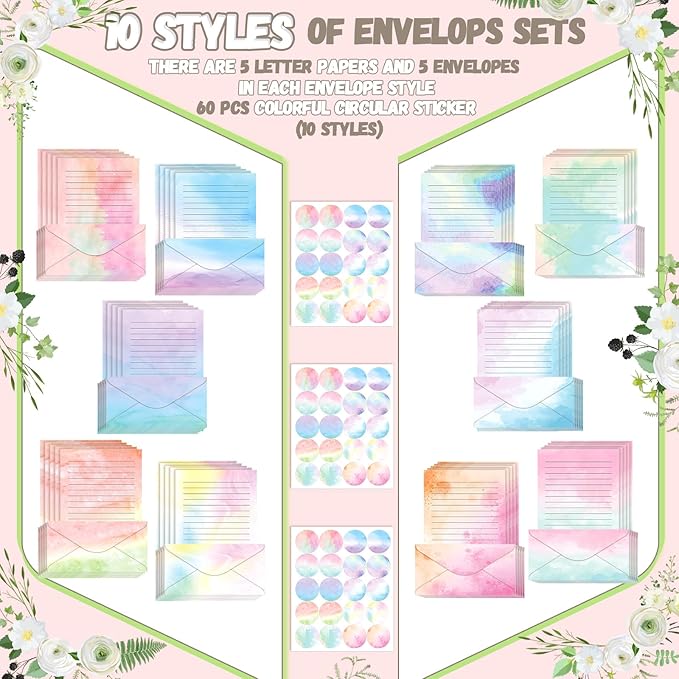 TaoBary 160 Pcs Stationery Paper Set 50 Double Sided Stationery Papers with 50 Matching Envelopes and 60 Round Dot Sticker, 10 Design(Watercolor,8.5 x 11 Inch)