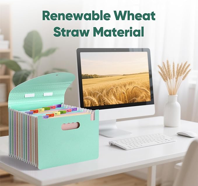 13 Pockets Accordion Filing Organizer,Wheat Straw Expanding File Folder with Handle & Labels,Monthly Paper Bill Receipt Organizer,A4/Letter Size Document Storage for School College Home Office