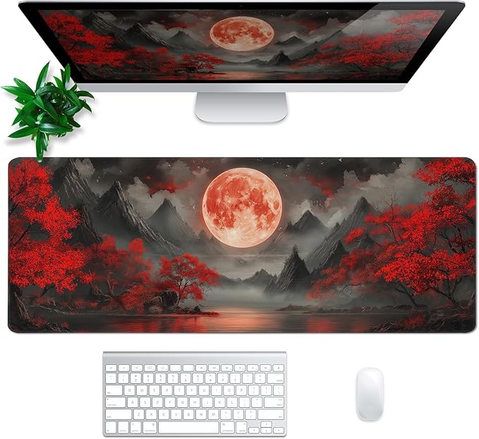 Darkness Red Moon Mouse Pad Abstract Red Mouse Pad 31.5x11.8 Inch Texture Non-Slip Rubber Base Large Mousepad Stitched Edges Keyboard Mouse Mat Desk Pad for Office and Home