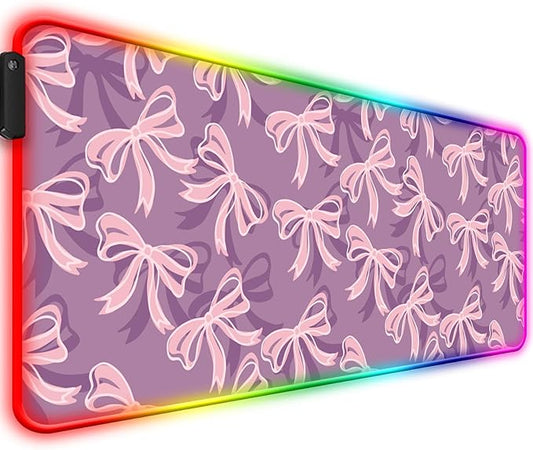 RGB Pretty Purple Bows Gaming Desk Mat, Computer Keyboard Large Extended Long Girly LED Mouse Pad for Office and Home, XL (W15)