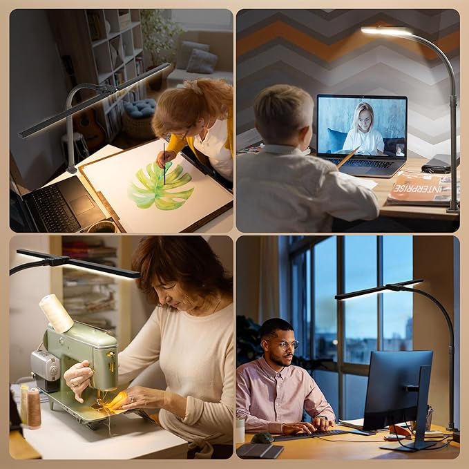 LED Desk Lamp for Home Office - 24W Computer Lamp with Remote Control, Dual Head Desk Light Bar with Clamp, 5 Color & Brightness Adjustable, Tall Flexible Task Monitor Lighting, Black