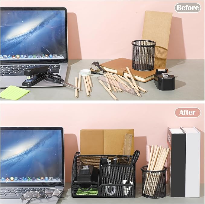 Black Desk Organizer and Accessories, Black Desk Asccessories Office Supply Kit Include Mesh Desktop Organizer Stapler 1000 Staples Tape Dispenser Pen Holder Staple Remover Clips Ruler Scissors