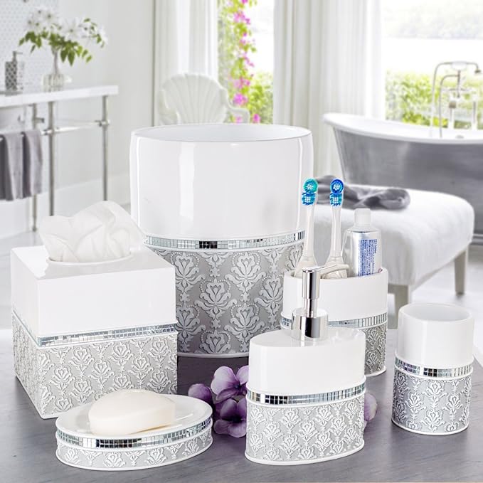 Creative Scents Mirror Damask Grey and White Soap Dispenser, Decorative Hand Soap Dispenser for Bathroom - Modern Countertop Lotion Dispenser with Durable Pump for Elegant Bathroom Decor