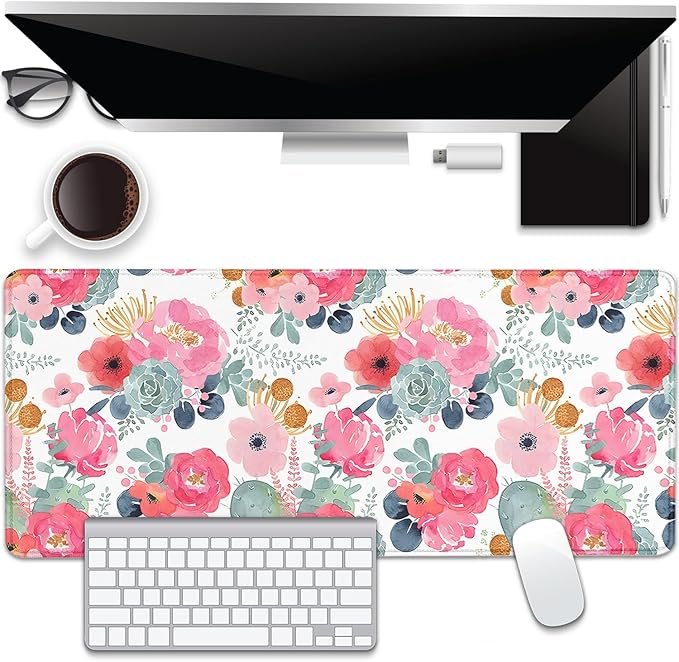 Watercolor Flowers Desk Pad Mouse Pad,Large Floral Mouse Mat with Stitched Edges,Non-Slip Rubber Base Mousepad for Office PC Keyboard Laptop and Home Work Desk Mat(27.5X11.8 in)