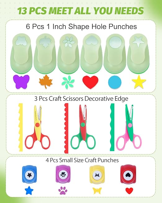 UCEC Paper Punches for Crafting, 3 Pcs Craft Scissors Decorative Edge, 6 Pcs 1 Inch Paper Puncher, 4 Pcs 3/8 inch Hole Punch, Circle Heart Star Shapes Puncher Scissors Sets