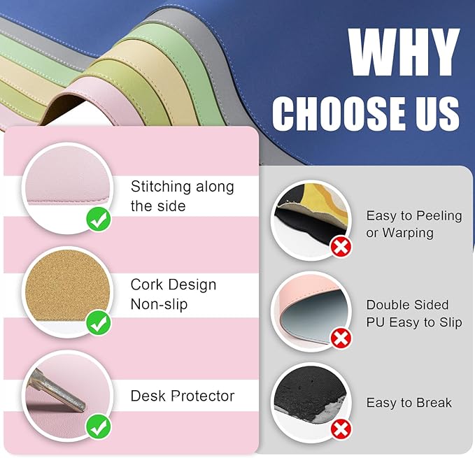 Large Desk Pad 35.4" x 17", Non-Slip Desk Mat with PU Leather & Natural Cork, Waterproof Writing Desk Natural Cork, Computer Mat Desk Protector for Office Home, Pink