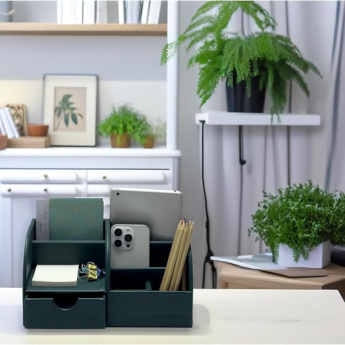 UnionBasic Desk Organizer - Multifunctional Leather Desktop Pen Holder Storage Box - Business Card/Pen/Pencil/Mobile Phone/Stationery Holder, Vintage Green