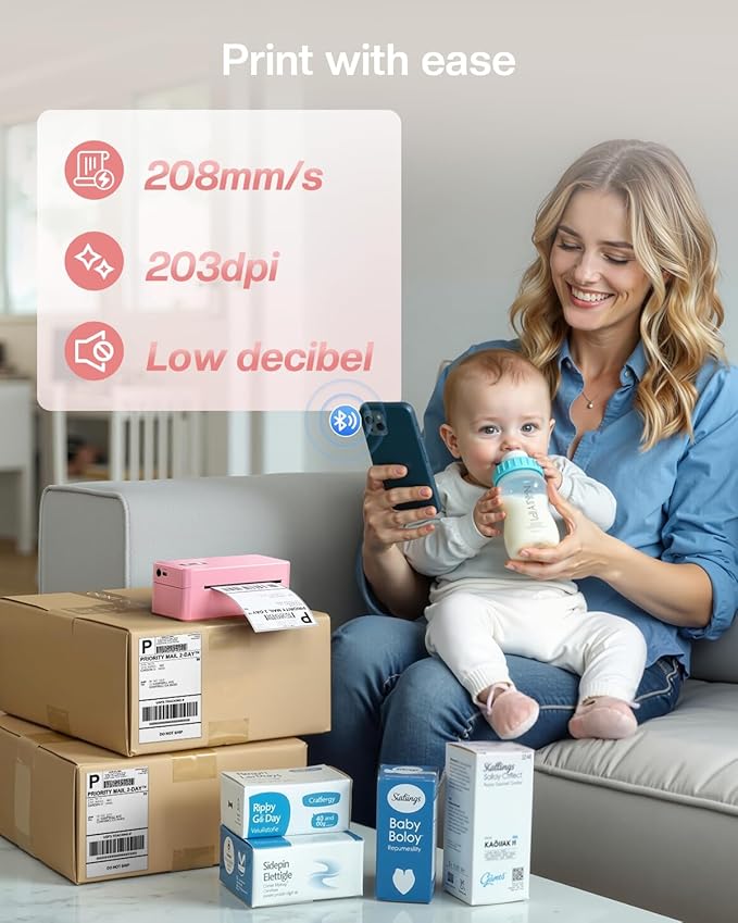 Bluetooth Thermal Shipping Label Printer, 2410BT 4x6 Label Printer for Small Business, Pink Label Printers Compatible with iPhone/Android & PC, Widely Used for Ebay, USPS, FedEx, Tiktok