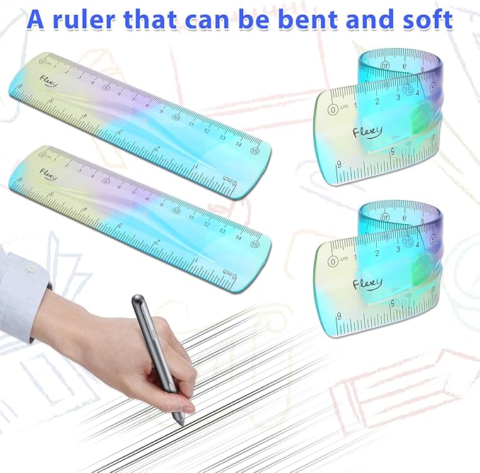 2 Pieces Flexible Ruler, Color Plastic Ruler Shatterproof Straight Edge Plastic Soft Bendable for School Classroom Office Kids & Adults (6inch)