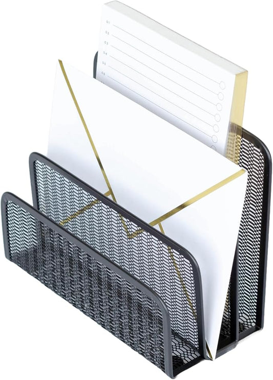 BLU MONACO Black Metal Mesh Letter Sorter – 3-Slot Mail Organizer for Desk, Office & Home – Space-Saving Vertical Mail Holder for Envelopes, Documents & Files – Sleek Desk Organizer