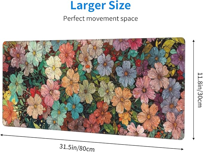 Colorful Flowers Large Mouse Pad, Watercolor Floral Gaming Desk Mat, XL Keyboard Desk Pad Mat for Desktop, 31.5"x11.8" Non-Slip Base Big Mousepad with Stitched Edges