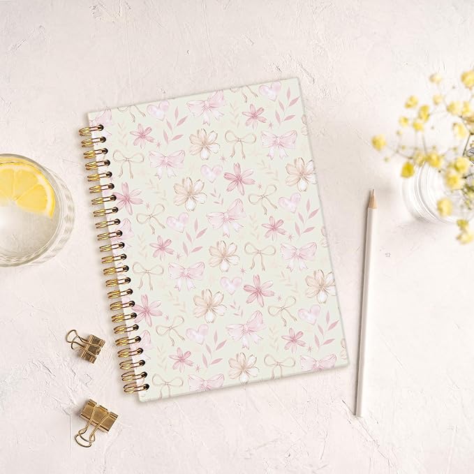 MOFUYU Cute Notebook for Girls,Coquette Bow Hardcover Spiral Notebook,Pastel Yellow Floral Journal A5,Pretty Gift for Teen Girls or Students