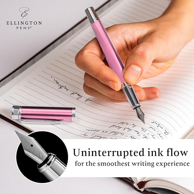 Ellington Pens Luxury Fountain Pen Set - Smooth Medium Nib - Includes 3 Ink Cartridges, Refillable Ink Converter, Gift Box - Fountain Pens For Writing, Calligraphy, Journaling, Sketching (Rosy Flair)