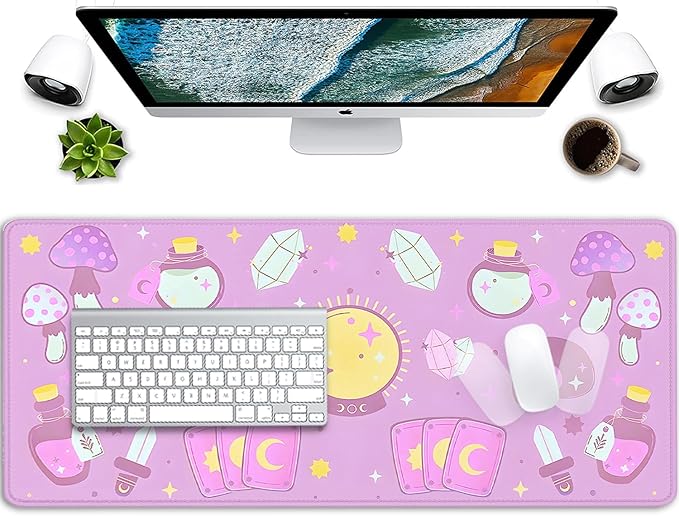 Kawaii Purple Desk Mat,Desktop Mat for Cute Witchy Elements Mouse Pad,Extended Keyboard Mousepad Large for Computer Laptop,Mouse Pad for Girl Women Gamer Desk Decor(27.5X11.8 in)