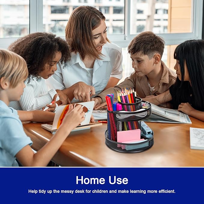 Comix 360° Rotating Pen Holder for Desk, 9 Compartments Office Desk Organizer, Black Mesh Metal Pencil Holder Cup for Office Home School