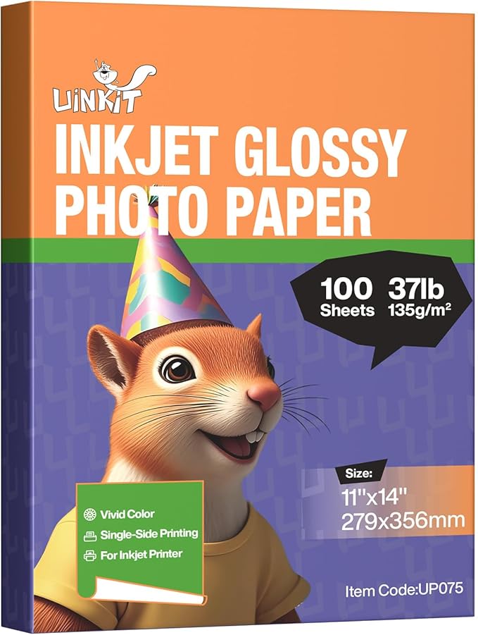 Uinkit 37lb Thin Flyer Paper Glossy 11x14 Inkjet 100 Sheets Single Side DIY Chip Bag 135gsm Photos Picture for Inkjet Printer with Dye Ink Brochure (11X14X100)
