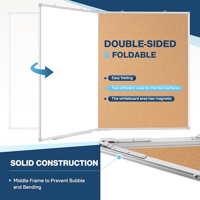 Large White Board Dry Erase Foldable Cork Board Combo, 60" x 40" Double Sided Dry Erase Board for Wall, Magnetic Whiteboard Cork Board Combination for Office, Home, School, Kitchen