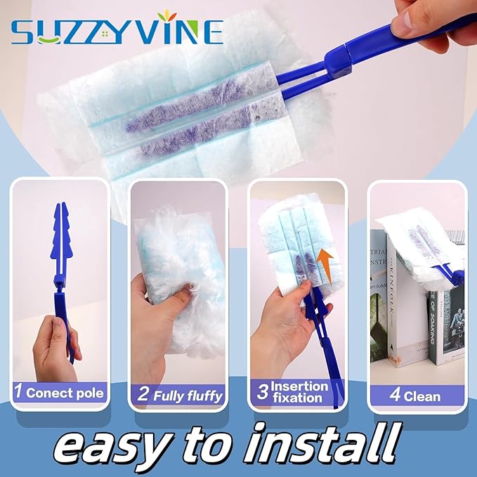 SUZZYVINE Disposable Duster Wish a Long Handle Plus a Short Handle, 15 Count Duster Refills,Blue and White