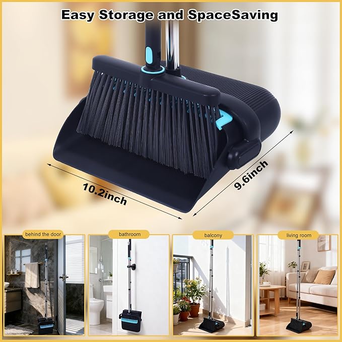 Heavy Duty Broom and Standing Dustpan Combo Set, Rotatable Head Dust Pan and Brush Set with Collapsible Handle, Cleaning Teeth, Hanging Loop, Ideal for Pets, RV, Kitchen, Camping, Outdoor Floor, Black