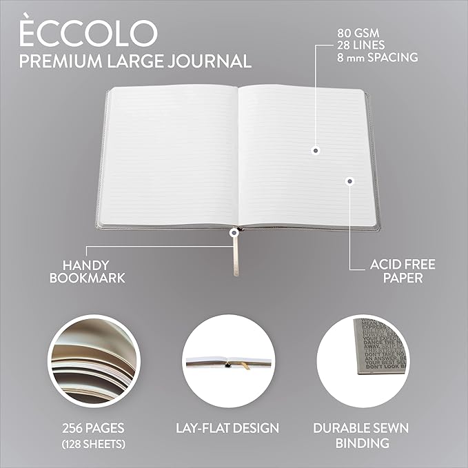 Eccolo Large Lined Journal Notebook, Flexible Cover, Writing Journal, 256 Ruled Ivory Pages, Ribbon Bookmark, Lay Flat, Desk Size for Work or School, Size Large, Be Bold - Gray