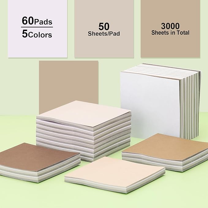 Thenshop 60 Packs Sticky Notes Bulk 3x3 Inches Colorful Self Stick Note Pads Paper Memo for Office School Notebook Supplies, 60 Pads, 50 Sheets/pad (Earthy Tones Color)