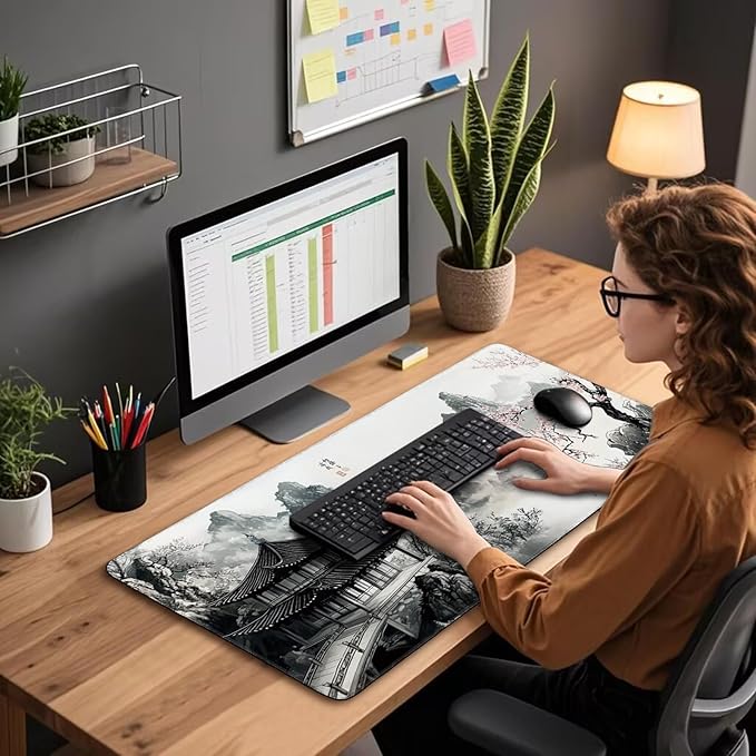 Japanese Black and White Cherry Blossoms Large Gaming Mouse Pad 31.5"x15.7"｜XXL Desk Mat, Non-Slip Rubber Base & Stitched Edges - Extended Mousepad for PC/Laptop/Office/Home Decor