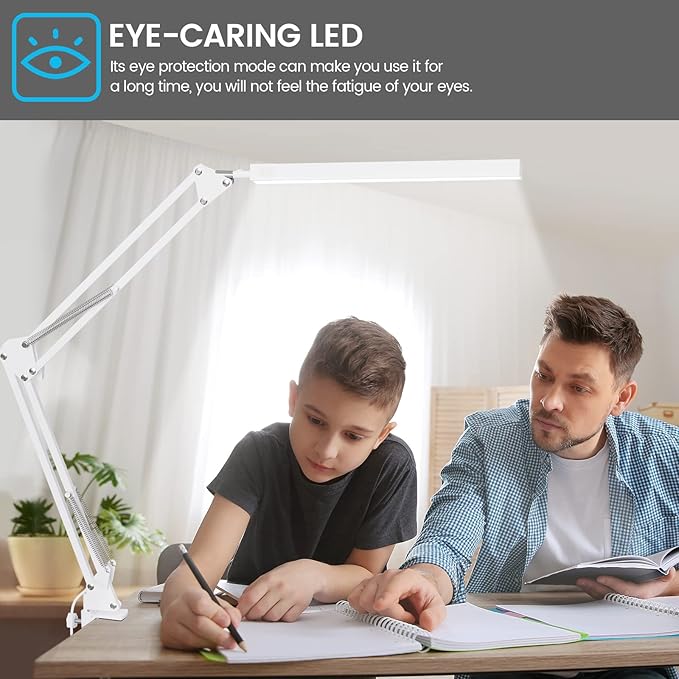 LED Desk Lamp for Home Office, Clamp-On with 3 Light Modes | 14W Adjustable Brightness 5000K Eye-Caring Lighting for Study/Bedroom/Computer Desk (White)