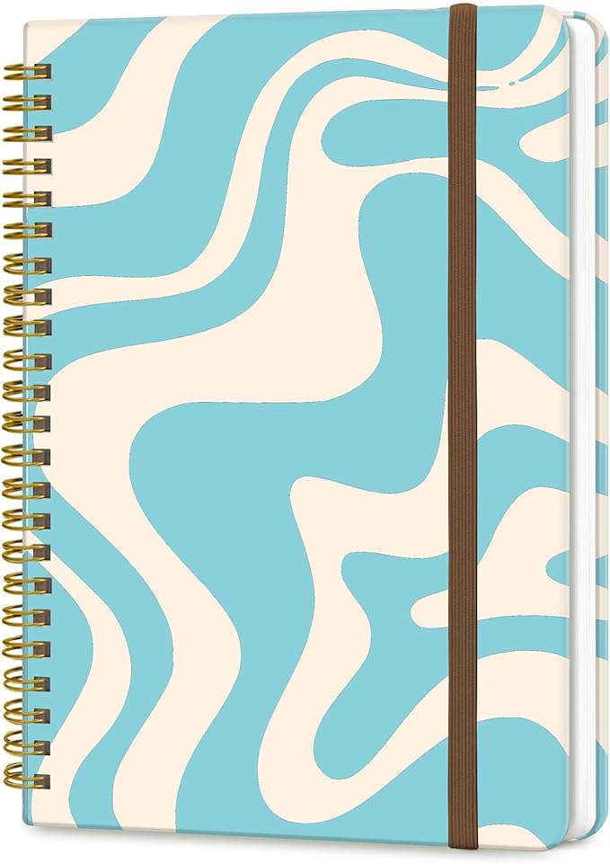 Spiral Journal Notebook, A5 Cute Notebooks for Women Men, College Ruled Hardcover Notebook for Work & Note Taking, 60 Pages Double-Wire Journals for Writing, Blue White Fluid Line