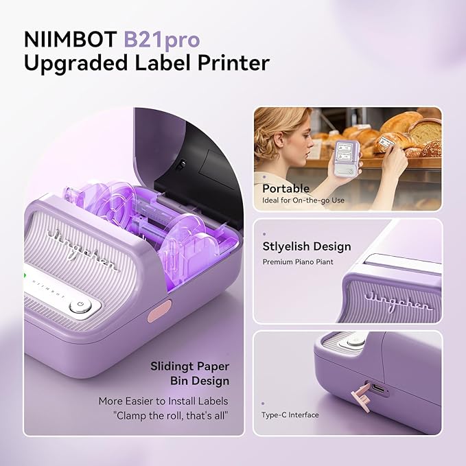 NIIMBOT B21 Pro Sticker Printer, 300DPI, Fun APP, Portable Inkless Label Printer, Bluetooth Sticker Maker for DIY Crafts, Notes, Scrapbook, Photo, Custom Labels & Gifts,Home Organization (Violet)