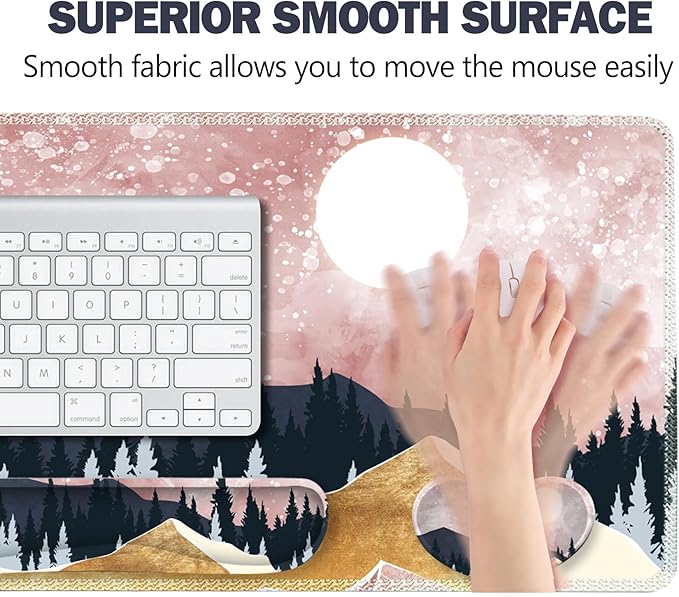 ARTSO Extended Gaming Mouse Pad Set, Keyboard Wrist Rest Support Pad + Wrist Cushion + XXL Large Mouse Pad + Coaster, Stitched Edge, Non-Slip, Memory Foam Desk Mat, Pink Abstract Mountain