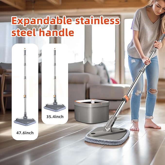 KZKR Spin Mop and Bucket Set with 10 Replaceable Microfiber Mop Pads with Self Separation Dirty and Clean Water System, Self Wringing 360° Rotating Square Mop Head for Hardwood Tile Marble Floors