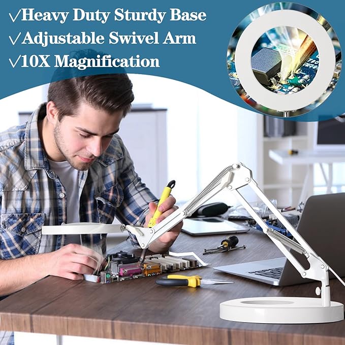 HITTI 10X Magnifying Glass with Light, 1,800 Lumens Stepless Dimmable, 3 Color Modes, 4.2″ Real Glass Lens LED Magnifying Desk Lamp & Clamp, Magnifier Light and Stand for Crafts Close Work-White