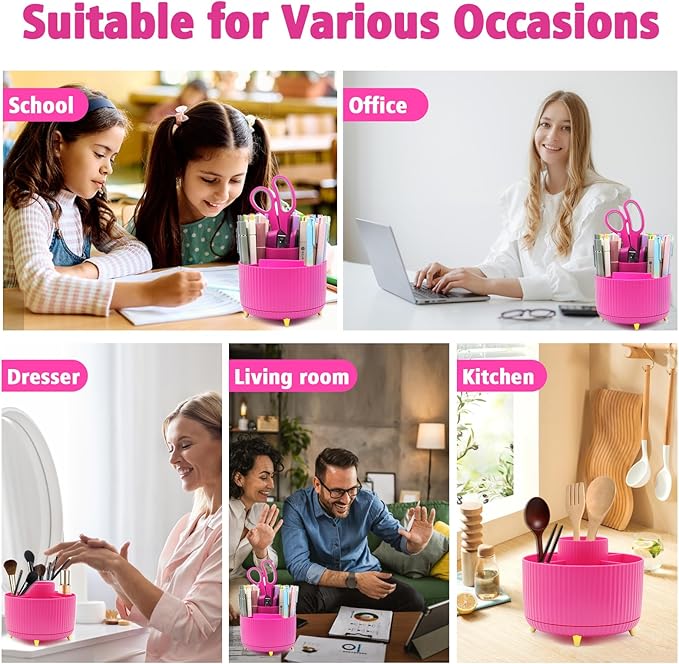 Hot Pink Desk Accessories, UPIHO Rotating Pen Holder Set,Hot Pink Office Supplies with Stapler and Tape Dispenser Set, Gifts for Office Clerks,Student