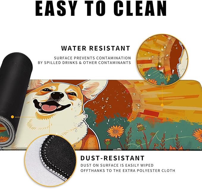 Cute Dog Mouse Desk Pad Kawaii Yellow Desk Mat Desk Decor Large Gaming Mouse Pad For Desk Mousepad Computer Office Keyboard Laptop Big Corgi Mouse Pad Xl(31.5x11.8 In)-With Non-Slip Base Stitched Eges