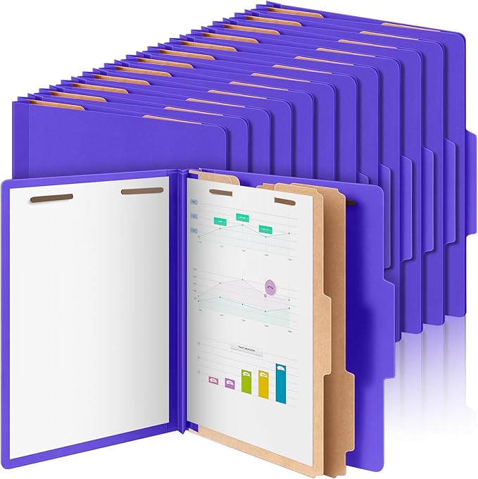 60 Pcs Classification Folders Letter Size, 2 Divider Pressboard File Folders with 3. 5 Inch Expansion, 2 Prongs Fastener, Heavy Duty Office File Organizers for Teachers, Medical (Purple)