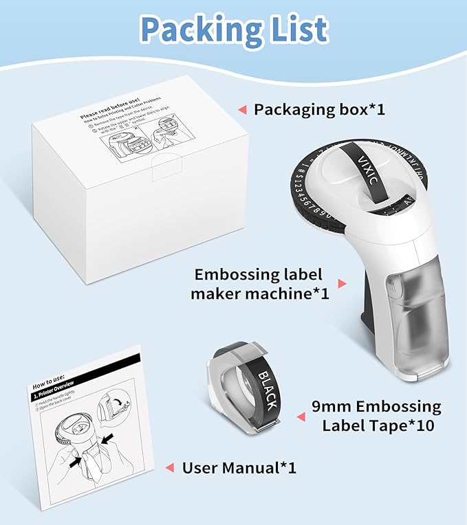 Vixic Embossing Label Maker Machine with Tapes, Vintage Retro Manual Punch Old School Embossed Labeler with 10 Rolls 3D (3/8") Embosser Tapes for Home Kids DIY Crafting & Scrapbooking, Black