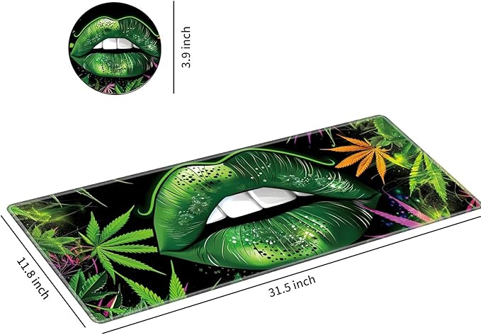 Desk Mat Large Gaming Mouse Pad (31.5x11.8 inch) with Stitched Edges, XL Mouse Pad +Coaster, Extended Mouse Mat Keybroad Mousepad Non-Slip Rubber for Gamer Men Women, Green Lip Weed