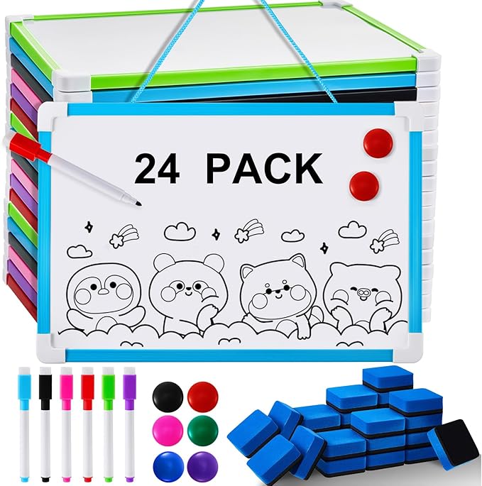 Colarr 24 Set Hanging Magnetic Dry Erase Board 8'' x 12'' Small Double Side White Board for Kid, Education Classroom Bulk, Mini Whiteboard Drawing Writing Lapboards for Student Kid to Do List Notepad