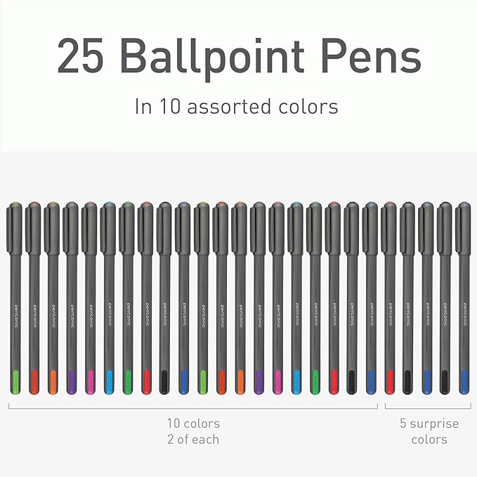 Pentonic Ballpoint Pens, 25 Count, 10 Assorted Ink Colors, 1.0 mm Medium Point, Smooth Writing For Journaling & Note Taking (PEN12127)