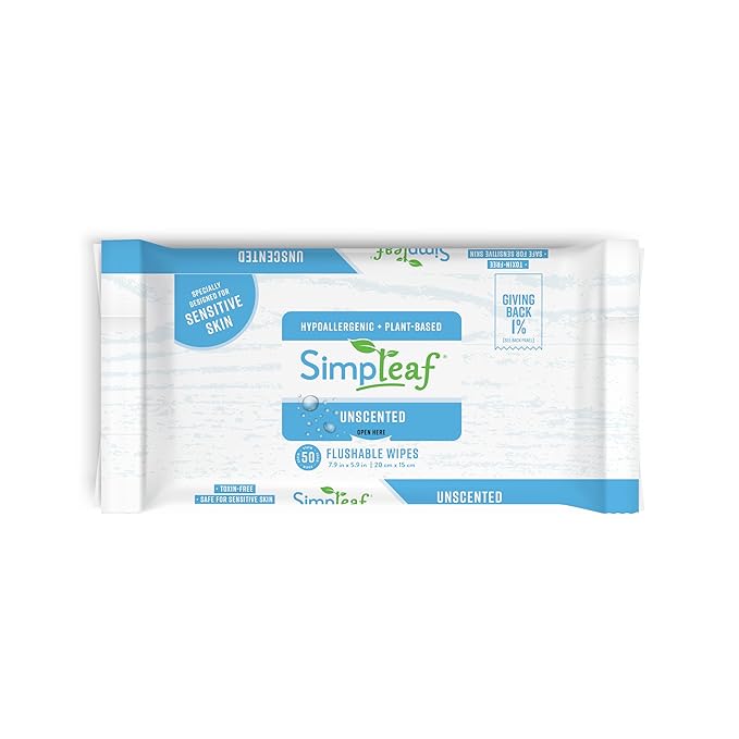 Simpleaf Flushable Wet Wipes Unscented | Plastic Free, Paraben & Alcohol Free | Hypoallergenic & Safe for Sensitive Skin | Soothing Aloe Formula | Adult Toilet Wipes (12 x 50 Counts Pack) 600 Counts