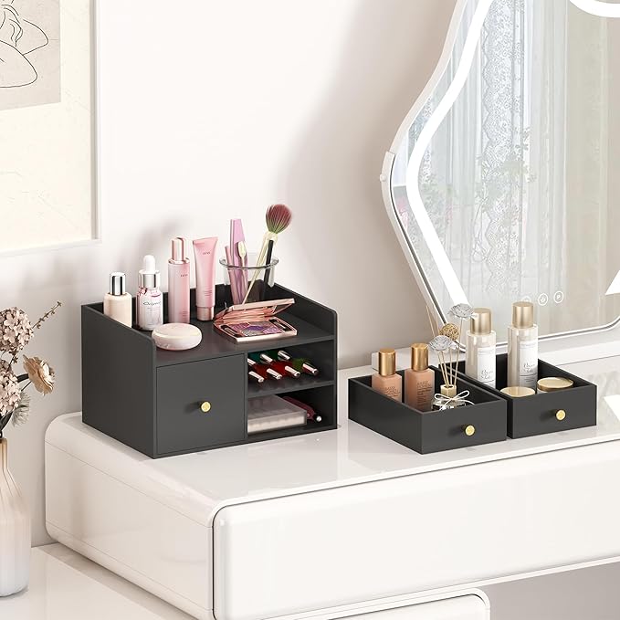 Bamboo Desk Organizer with Drawers Wooden Desktop Storage Drawers for Bills Office Supplies Kitchen Utensils Organizing Tool for Home Classroom Organization No Assembly (3 Drawer, Black)