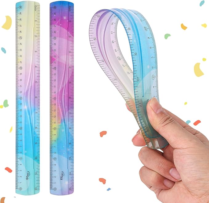 2PCS Flexible Ruler, 30cm/12inch Plastic Ruler Shatterproof Straight Edge Ruler Bendable Safe Soft Gradient Colored Flex Ruler with Centimeter and Inch Scales for School Classroom Office Kids & Adults