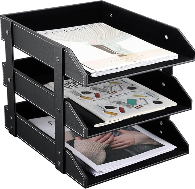 KINGFOM Letter Tray, Leather Paper Organizer Tray, Wooden Desk File Holder, Desktop File, Stackable Magazine Holder, Mail Sorter, Great for Home or Office - 3 Level Black