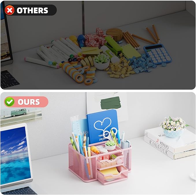 Marbrasse Mesh Desk Organizer, Pen Organizer with 2 Drawer, Multi-Functional Pencil Holder, Desk Organizers and Accessories with 5 Compartments + Drawer for Office Art Supplies (Pink)