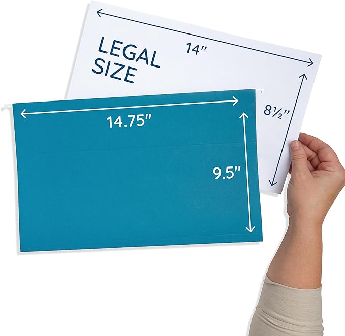 25 Blue Summit Supplies Colored Hanging File Folders Legal Size, 9.5" x 14.75", Legal Size Hanging File Folders for Filing Cabinet with Plastic Tabs and Inserts, Assorted Jewel Tone Colors, 11pt Paper