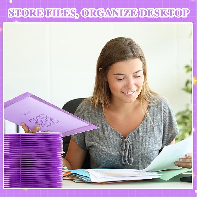 Yeaqee 50 Pcs Plastic Envelopes Poly Envelopes File Folders with Snap Button Closure Clear Folders for Documents US Letter A4 Size Filing Holder with Label Pocket for Home Office School(Purple)