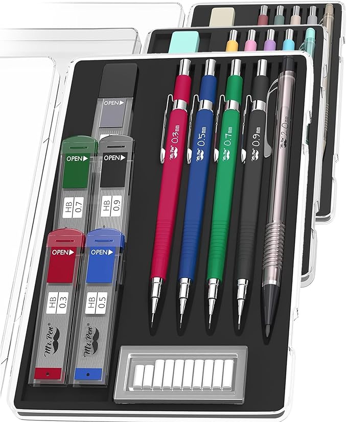 Mr. Pen Mechanical Pencil Set with Lead and Eraser Refills, 5 Sizes - 0.3, 0.5, 0.7, 0.9 and 2 Millimeters, Drafting, Sketching, Illustrations, Architecture, Christmas Gift
